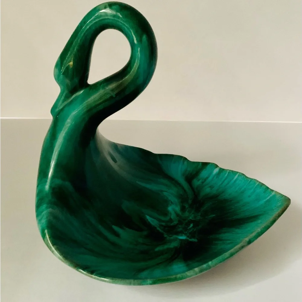 Vintage Blue ? Mountain Pottery Canada Swan Trinket Dish Redware Green Blue MCM